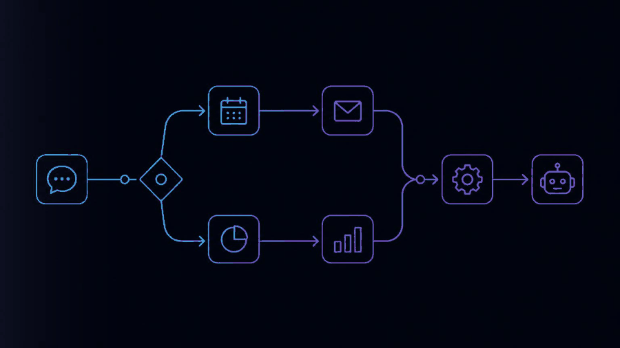 Minimalist animation of an AI workflow: inquiry, appointment booking, email, evaluation and automation